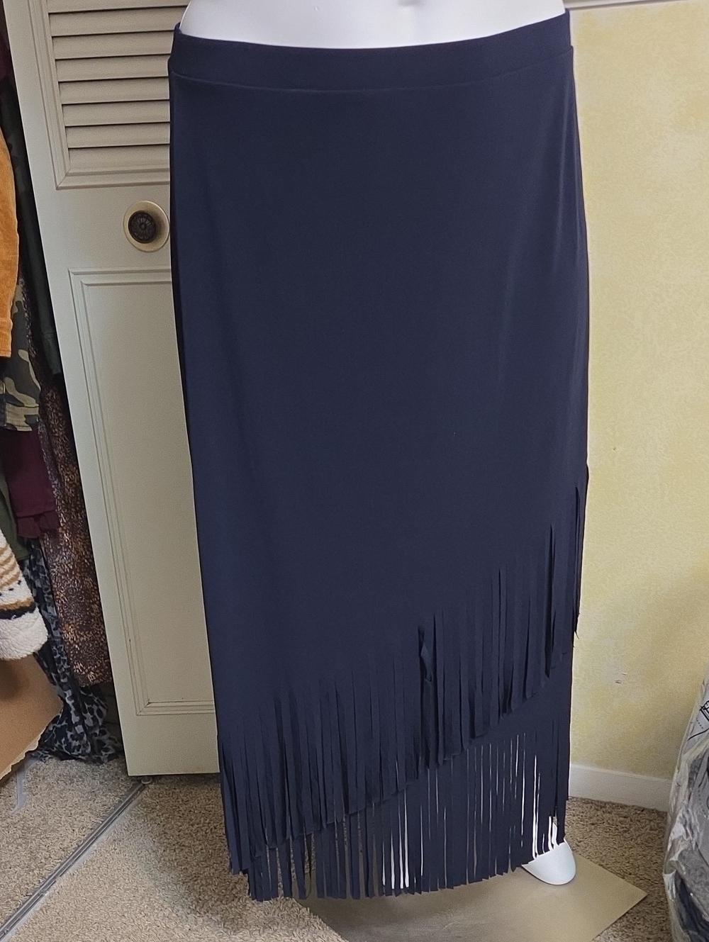 Chico's Navy Maxi Skirt with Diagonal Fringe Hem
